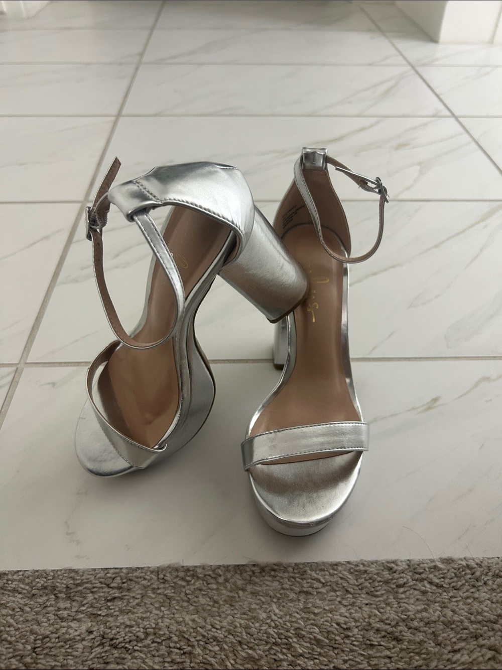 Lulu's Silver Metallic Block Heel Sandals with Ankle Strap